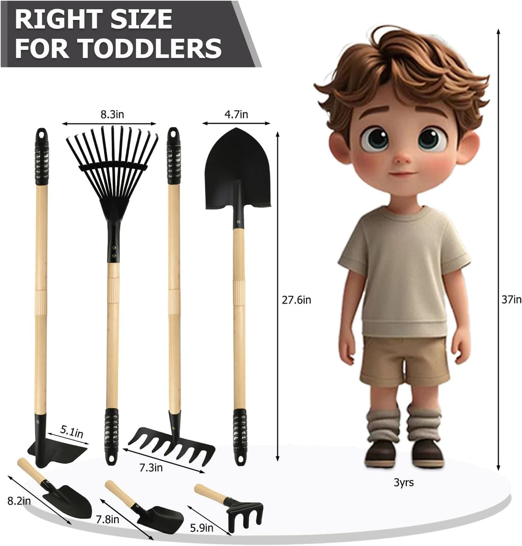 7PCS Kids Gardening Tools, Long Shovel, Rake for Leaves, Spade, Hoe, Steel Heads & Real Wood Handle, Yard Tools for