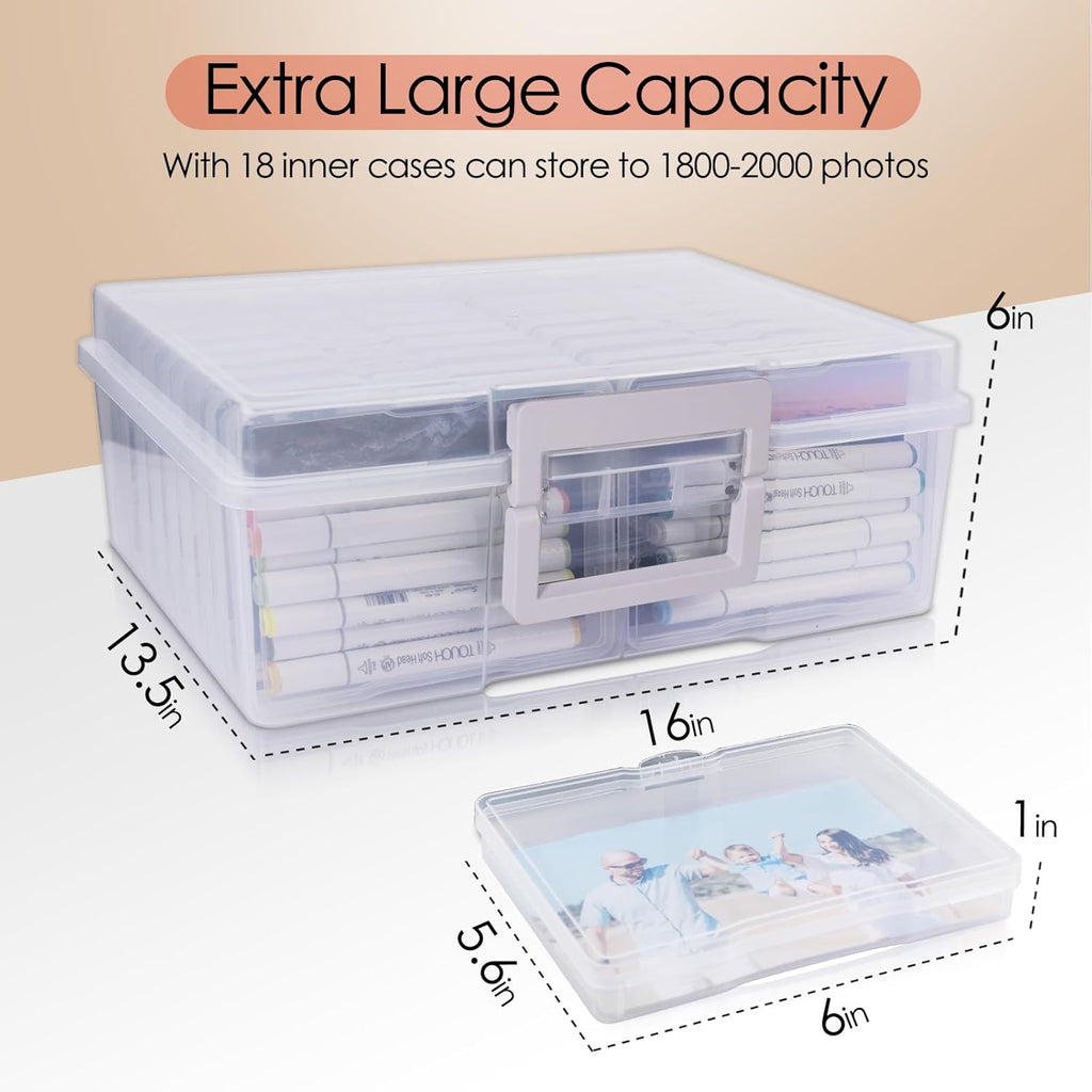 Photo Storage Box 5" x 7", Extra Large Photo Storage Container | 18 Inner Cases, Clear Picture Box with Handle, Seeds