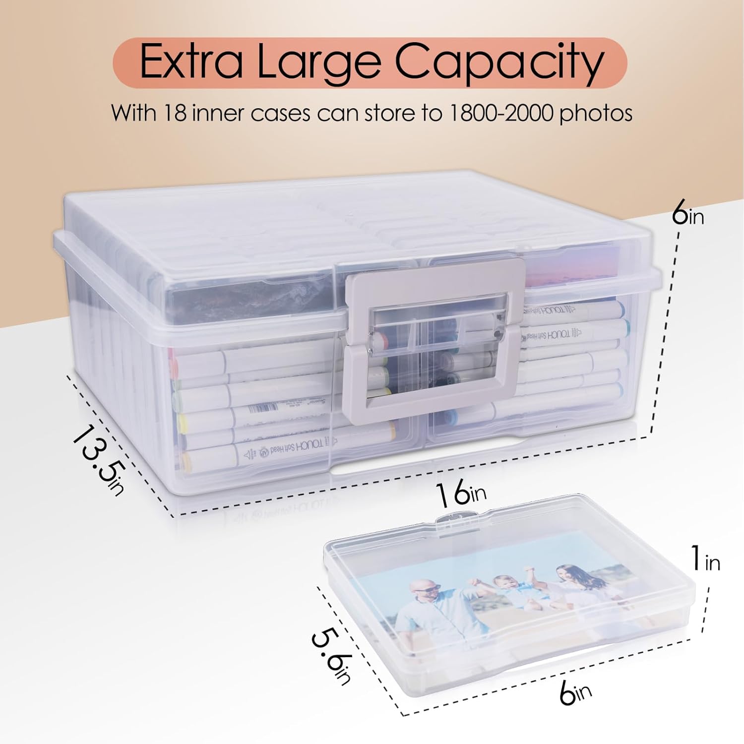 Photo Storage Box 5" x 7", Extra Large Photo Storage Container | 18 Inner Cases, Clear Picture Box with Handle, Seeds