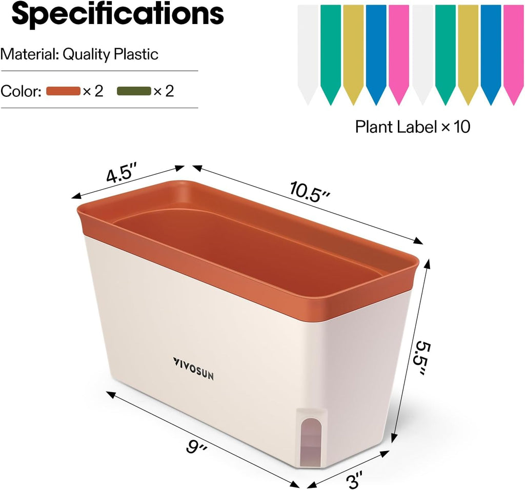 VIVOSUN Self-Watering Planters, 4-Pack 10.5 in Window Herb Planter Box | Compact Rectangular Planter Box with 10 PCS