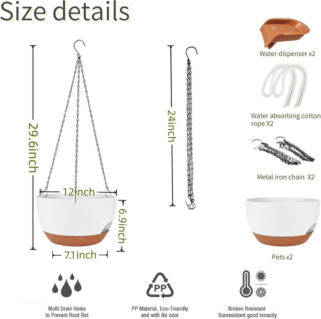 12 Inch Self Watering Hanging Planters 2 Pack, White Brown | Plastic planters with drainage holes and saucers. Suitable