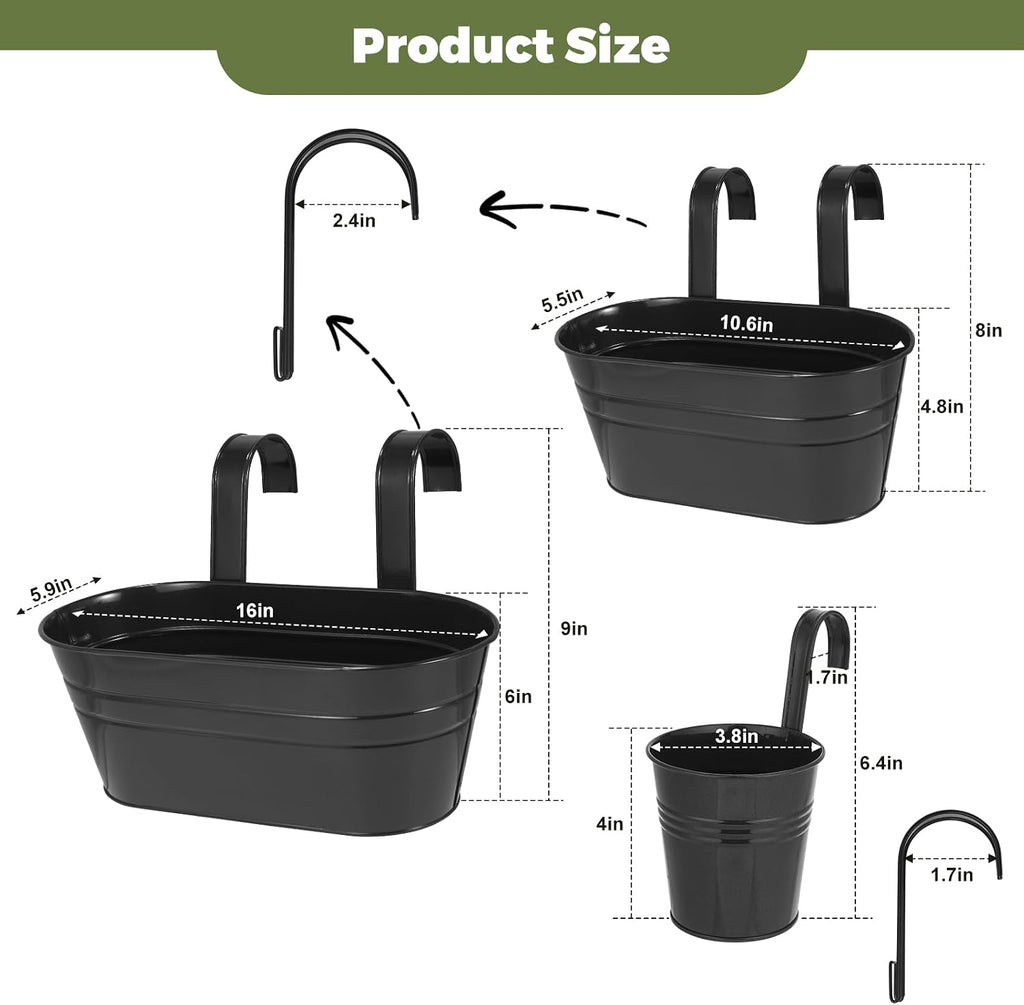 3 Different Size Metal Iron Hanging Flower Pots 10 Pcs for Outdoor Plants Metal Hanging Bucket Pots Iron Railing Fence
