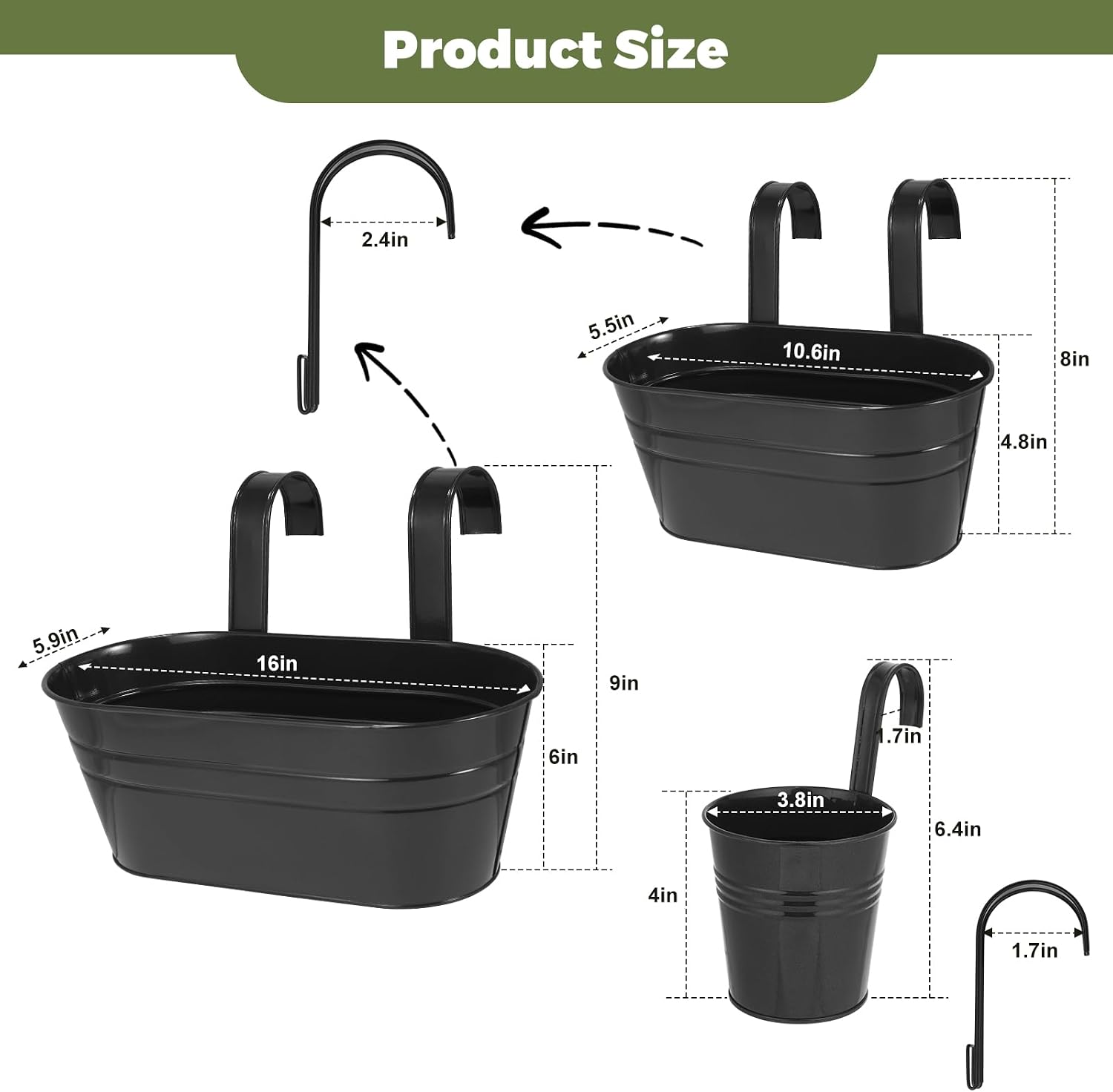 3 Different Size Metal Iron Hanging Flower Pots 10 Pcs for Outdoor Plants Metal Hanging Bucket Pots Iron Railing Fence
