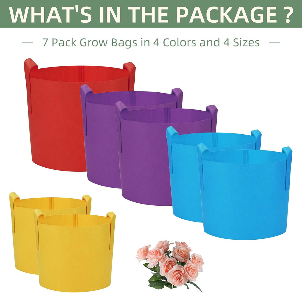LITLANDSTAR 7 Pack Multicolor Grow Bags, Thickened Nonwoven Plant Fabric Pots with 4 Colors and 4 Sizes - 5/7/10/15