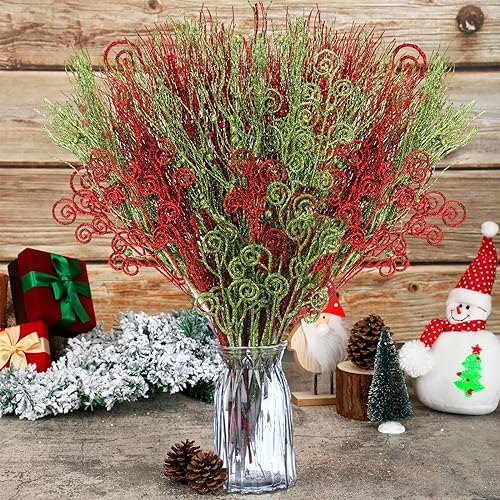 Tigeen 48 Pcs Christmas Tree Picks Glitter Curly Berry Stems,Red Green