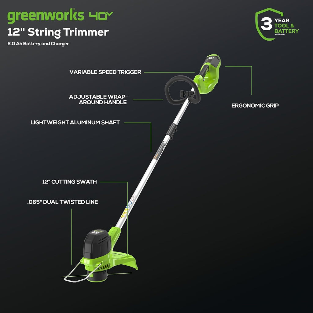 Greenworks 40V 12 in String Trimmer & 390 CFM Blower Combo, 2.0 Ah Battery