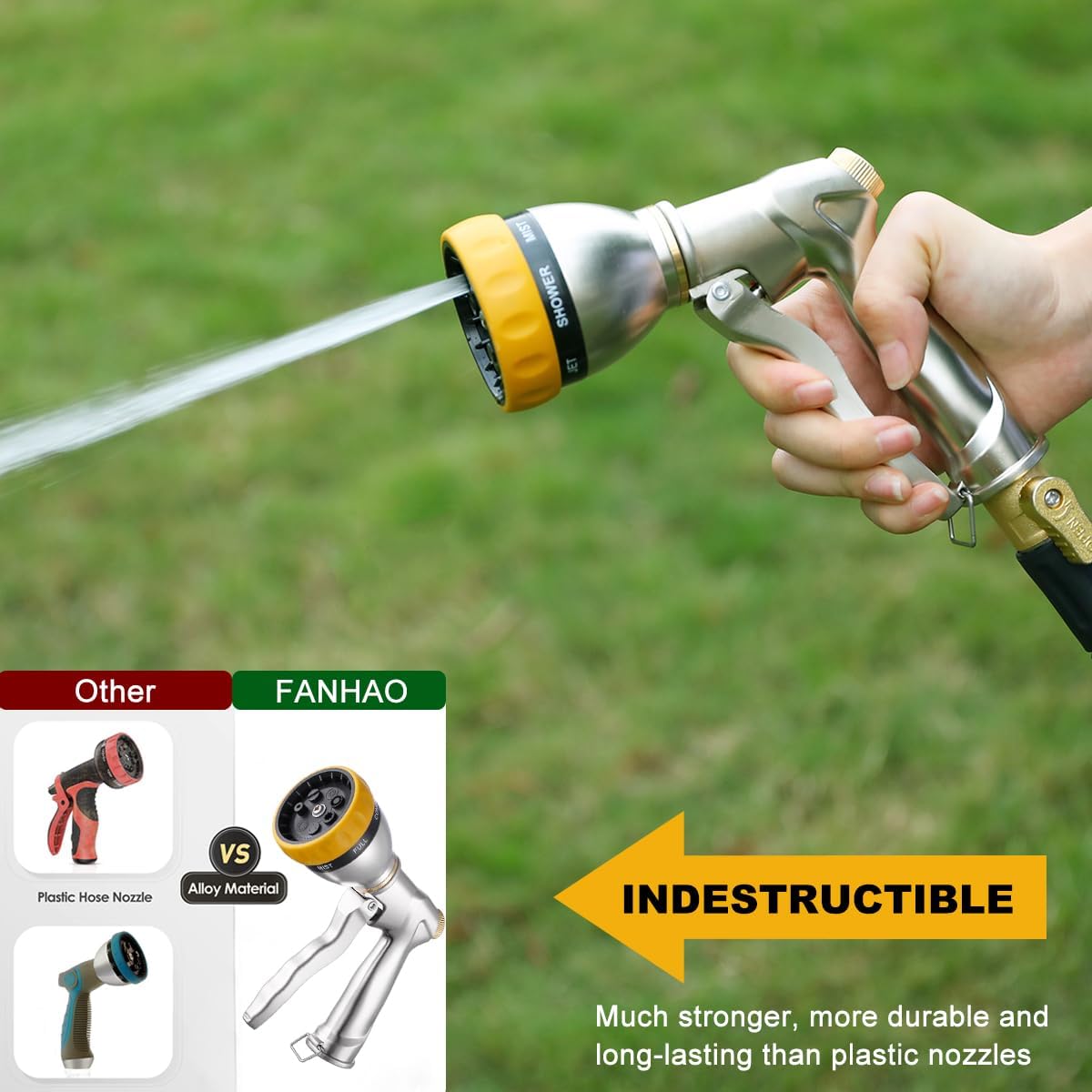 FANHAO Heavy Duty Metal Garden Hose Nozzle, High Pressure Sprayer Leakproof | 7 Adjustable Spray Patterns, Rustproof
