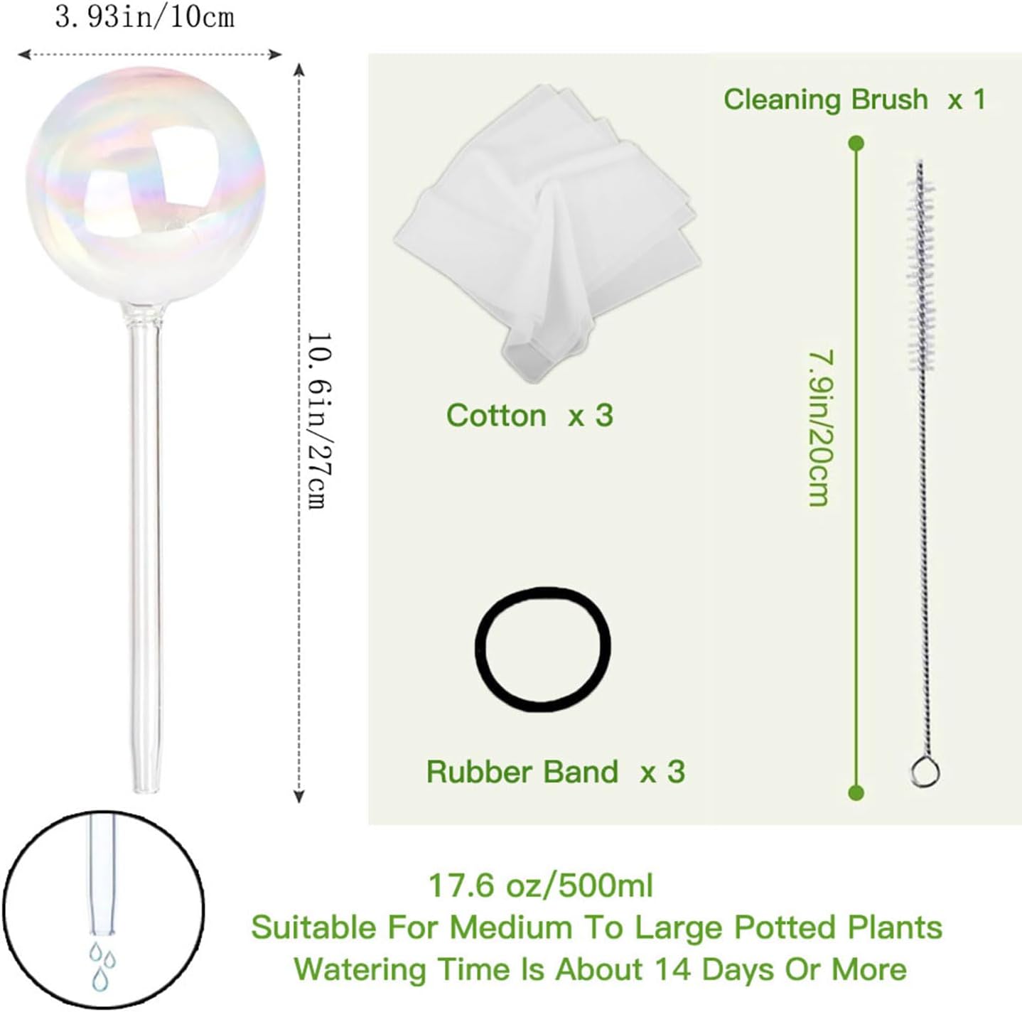 17 Oz 2 Weeks Glass Plant Watering Globes Large Vacation Water While Away Indoor Outdoor Potted Plant Slow Release Self