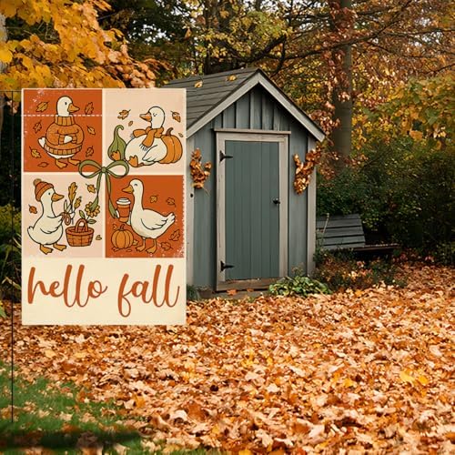 Hello Fall Garden Flag, Funny Silly Goose Garden Flag 12x18 Inch Double Sided, Autumn Thanksgiving Flags for Yard Outside Home Porch Gifts for Goose Animal Lovers