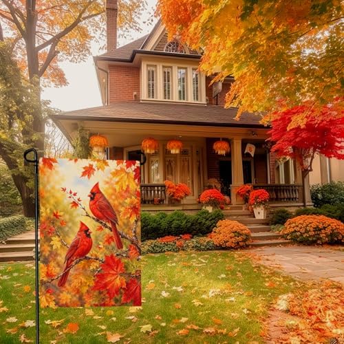 Fall Garden Flags 12x18 Inch Double Sided Cardinal Autumn Yard Flag Maple Leaf Thanksgiving Small Flags for Outside Lawn Outdoor Decor