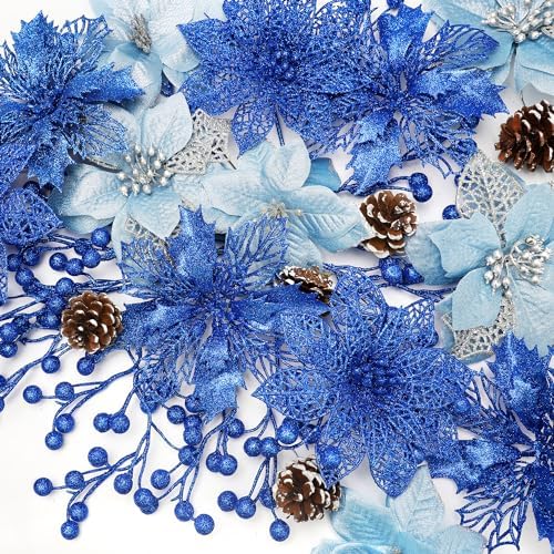 Hommtina 56 Pcs Christmas Decorations, 4 Styles Poinsettias Artificial Christmas Flowers Glitter Berries Stems Ornaments Tree with Pine Cones & Stems for Xmas Wedding DIY Wreath Floral Party (Blue)