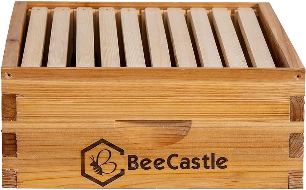 BeeCastle 10 Frame Medium Super Bee Hive Box, Langstroth Honey Bee Hive Dipped in 100% Beeswax Include Beehive Frames
