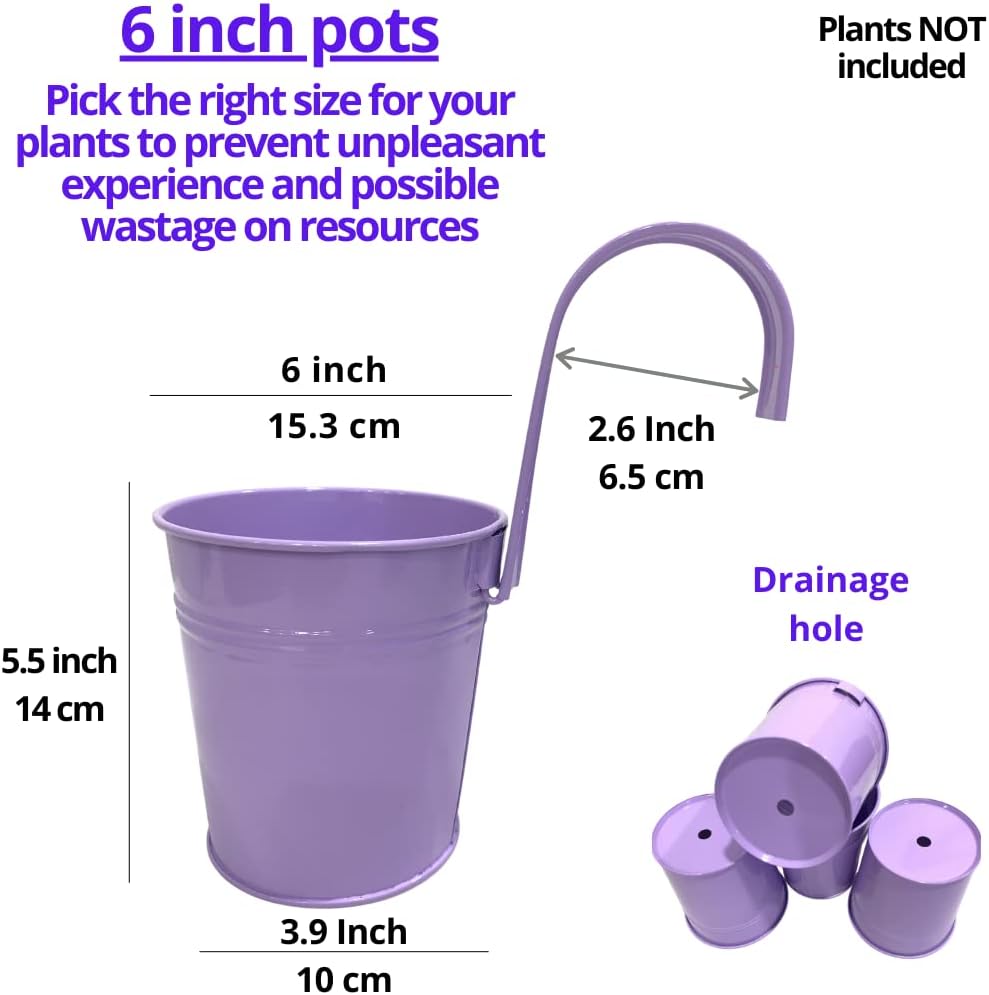 LaLaGreen Hanging Planters Outdoor -10 Pack, 6 Inch Colorful Large Metal Flower Pot, Balcony Planters Railing Hanging