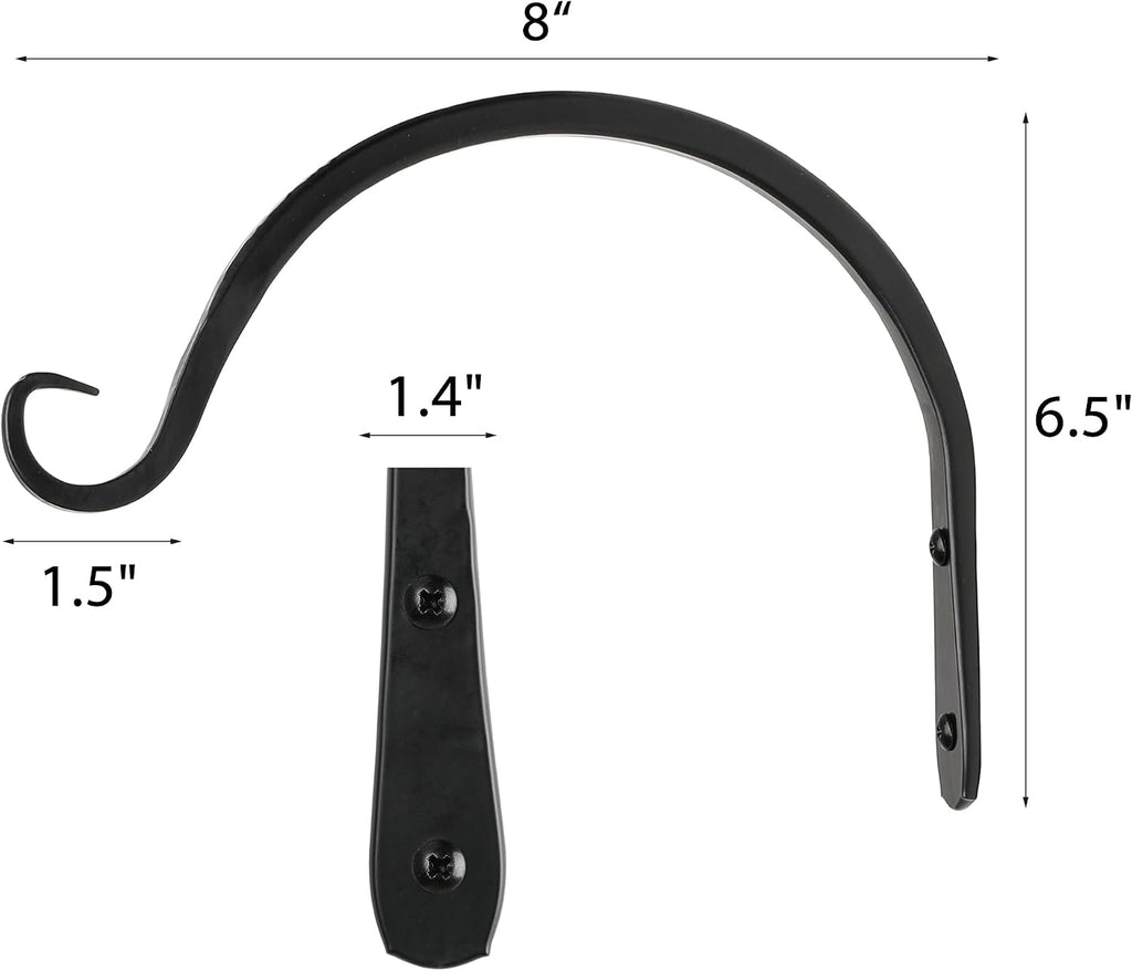 Worth Garden 6-Pack 8" Plant Hanger Bracket - Hand-Forged Wrought Iron Powder-Coated Heavy Duty Wall Hooks - Black