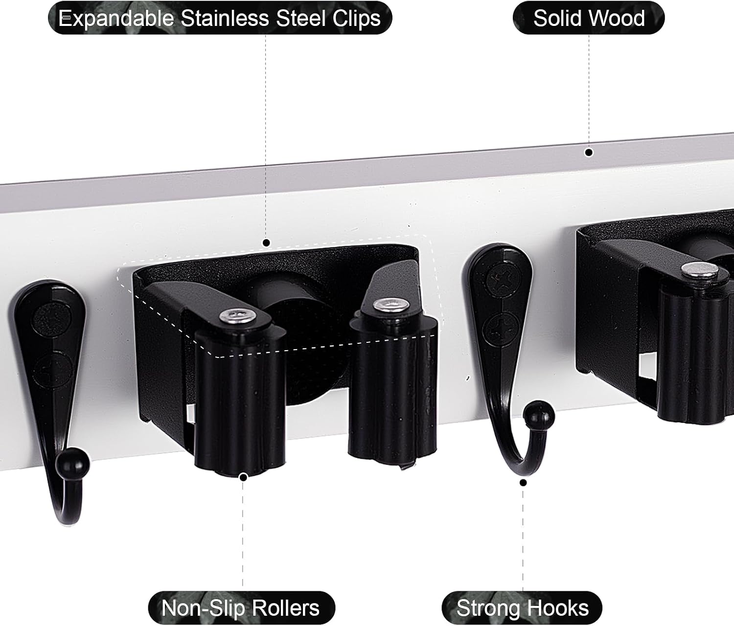2 Pack Broom Holder Wall Mount With 5 Slots & 4 Hooks，Rustic Wood Broom & Mop Hanger，Wall Mounted Garden & Garage Tool