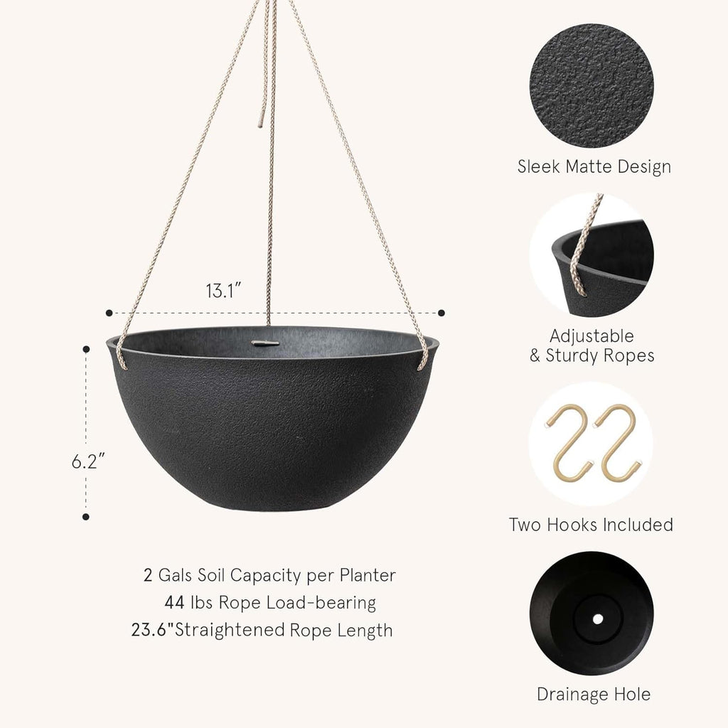 LA JOLIE MUSE Large Hanging Planters for Outdoor Plants, Set of 2, 13 Inch | Black Hanging Baskets with Drainage Holes