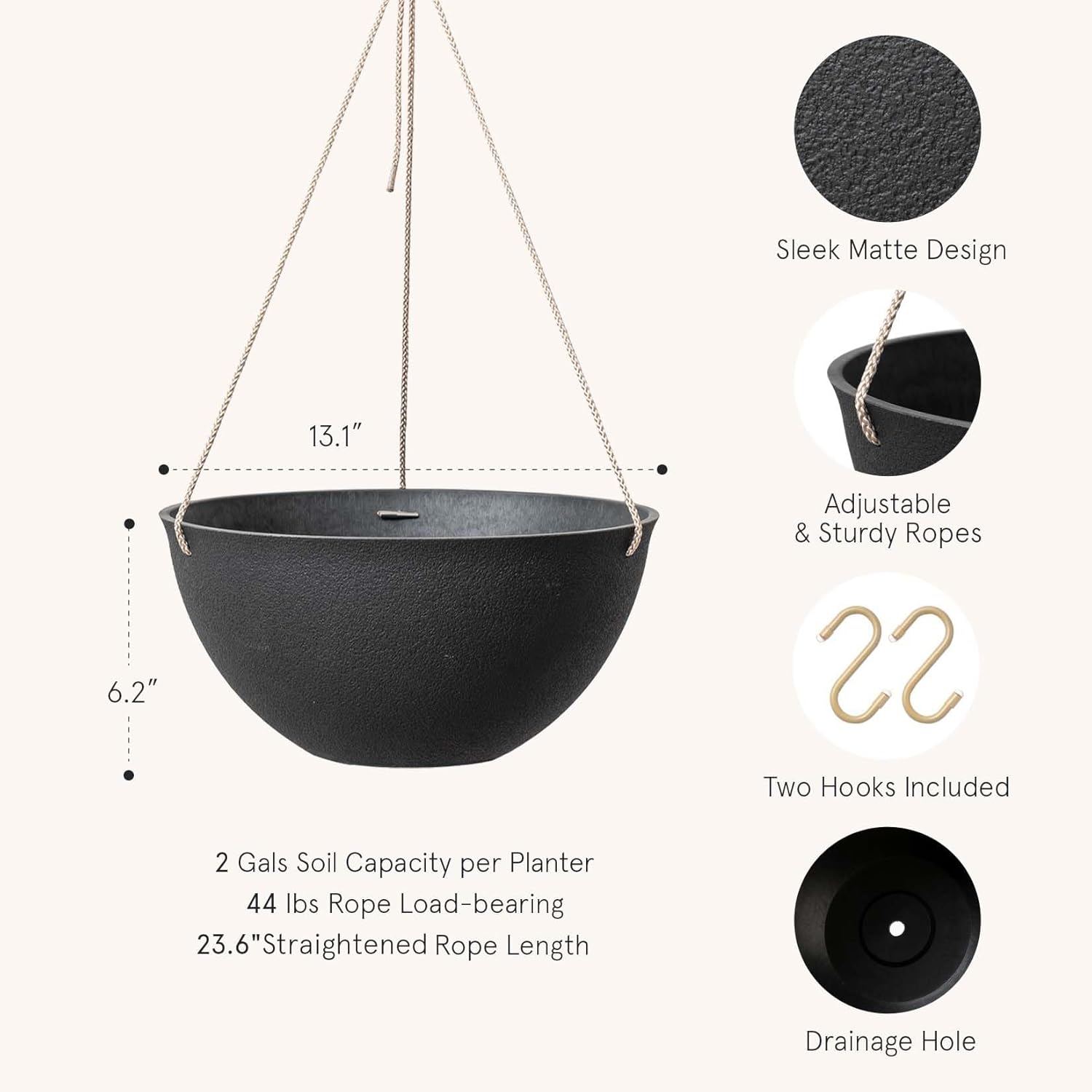 LA JOLIE MUSE Large Hanging Planters for Outdoor Plants, Set of 2, 13 Inch | Black Hanging Baskets with Drainage Holes