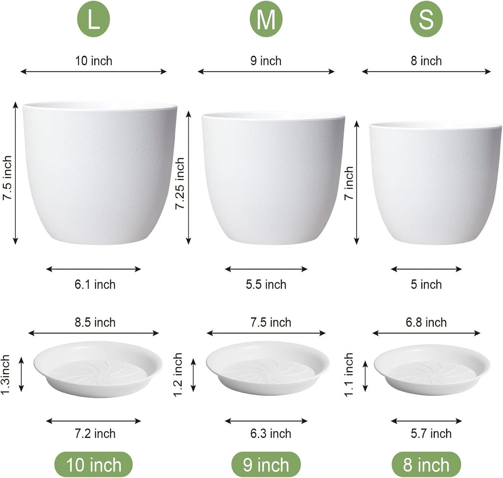 WSMKSZ 10/9/8 inch Medium Flower Pots, 3 Pack Modern Decorative Plastic Planters with Drainage Holes and Tray, Plant