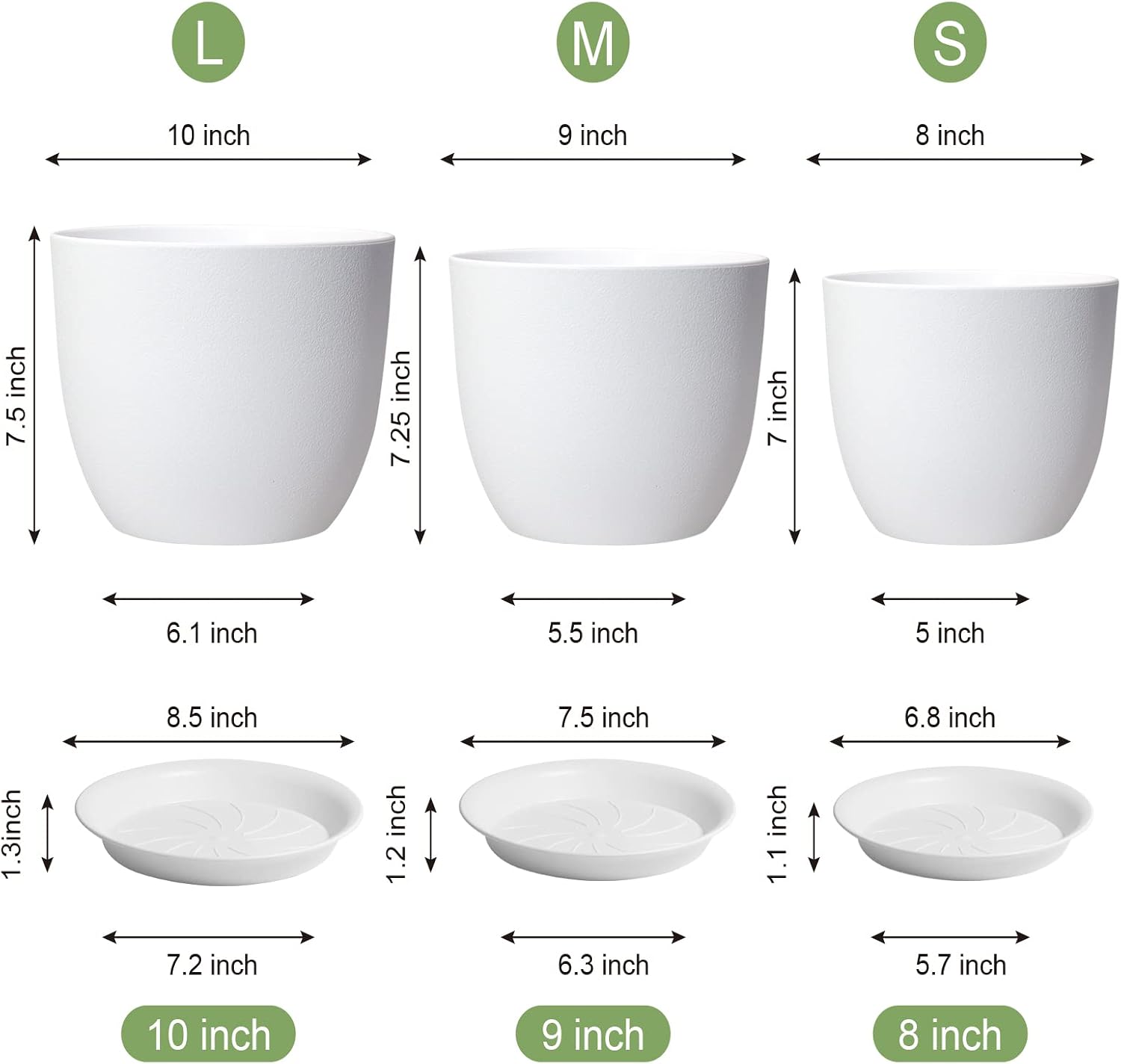 WSMKSZ 10/9/8 inch Medium Flower Pots, 3 Pack Modern Decorative Plastic Planters with Drainage Holes and Tray, Plant