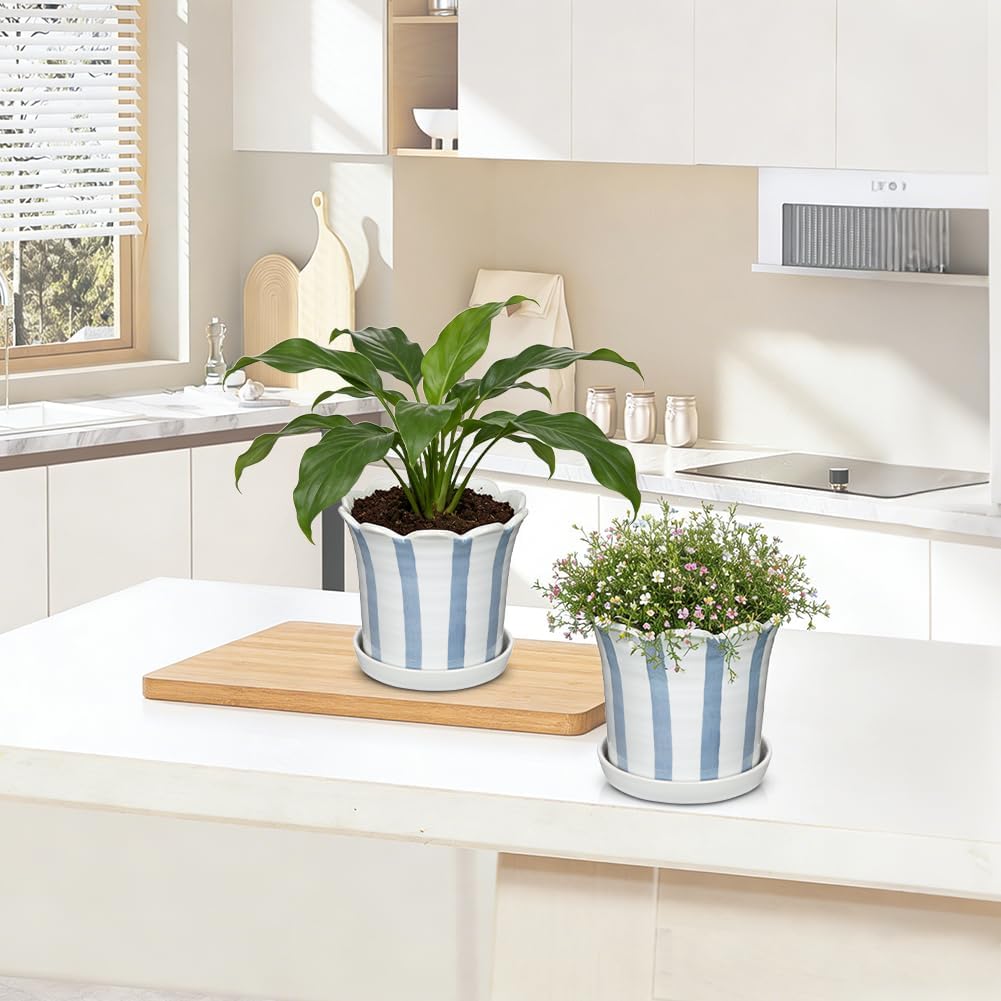 Ceramic Plant Pots, 5.8 Inch Planter Pot with Drainage Hole and Sauser, Stripe Ceramic Planters with Floral Edge for