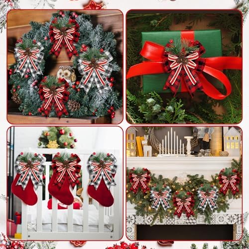 Moucuny 6 Pcs Christmas Burlap Bows Black White Red Plaid 5 x 6 Inch