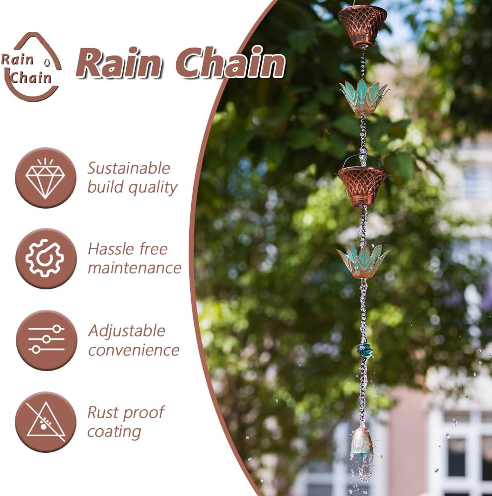 10.2ft Lotus Rain Chains for Outside Gutters, Eaves, Drainage | 16 Cups, Metal Rain Chain, Adjustable Length