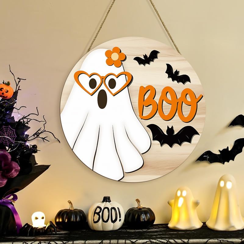 Halloween Boo Ghost Wooden Door Hanger Sign,Cute Ghost with Heart Glasses Flower Bat Round Front Door Wreath Decor,Spooky Farmhouse Wooden Hanging Sign for Home Porch Wall Halloween Party Decorations