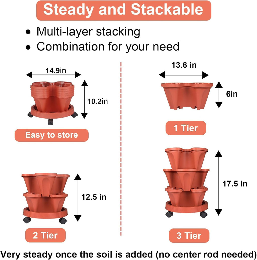 GameXcel Vertical Planter Tower- 3 Tier Stackable Garden Planter with Wheels and Tool Set – Grow Strawberries Herbs