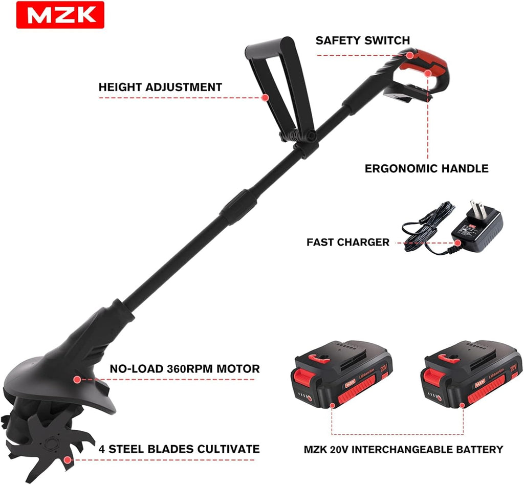 MZK 20V Cordless Tiller Cultivator, 8-Inch Steel Tines,360 RPM | Battery-powered mini garden cultivator for soil