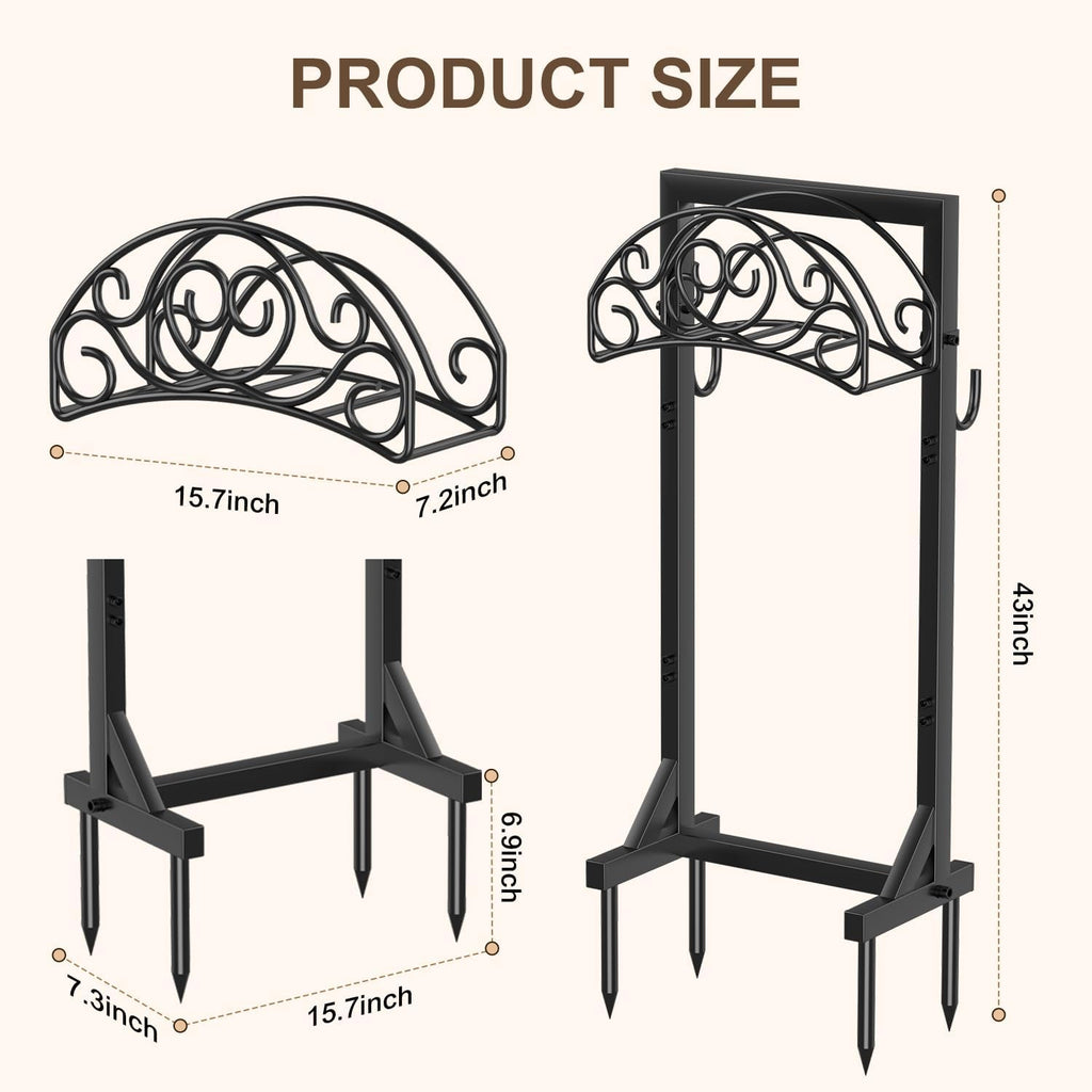 Freestanding Garden Hose Stand, Heavy Duty Water Hose Holder with Tool Hooks, 4 Anchoring Spikes, 150 ft Storage for