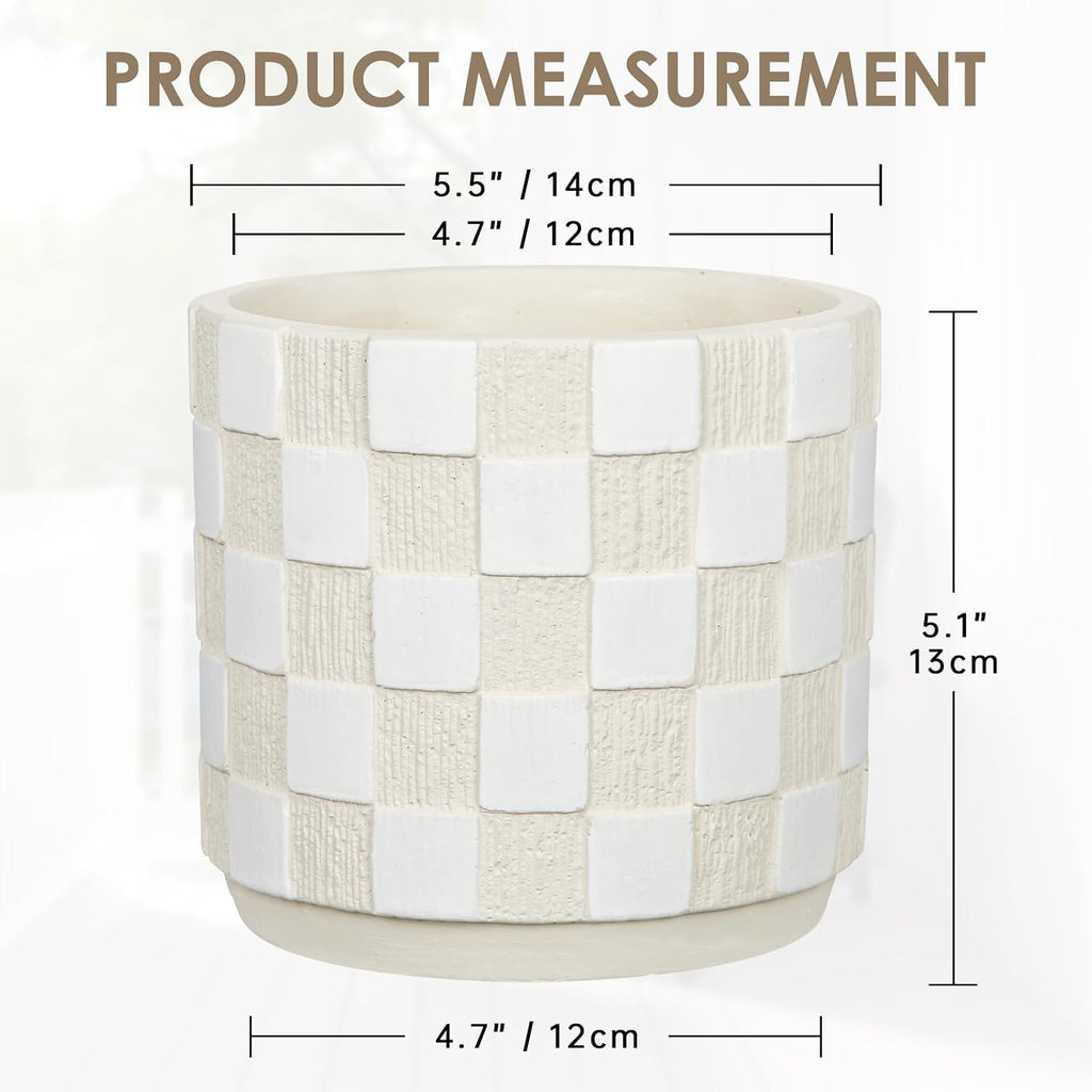 5.5 inch Ceramic Plant Pots with Drainage Hole & Silicone Plug, Checker Ceramic Round Planter Flower Planter for Indoor