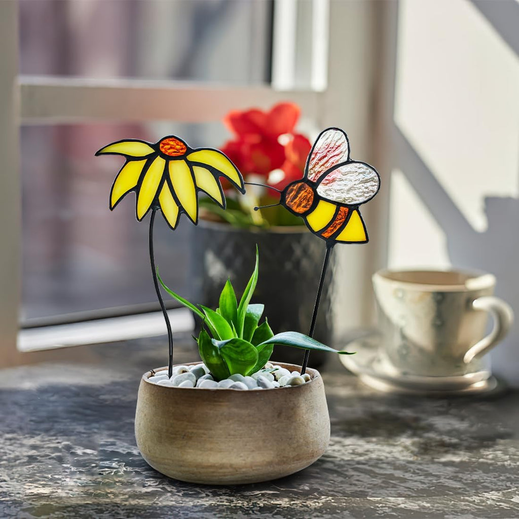 Sun Flower Decor Stained Glass Suncatcher,Bee Decor Stained Glass Plant Stake Insert in Pots Suncatcher,Vase Decor,Sun