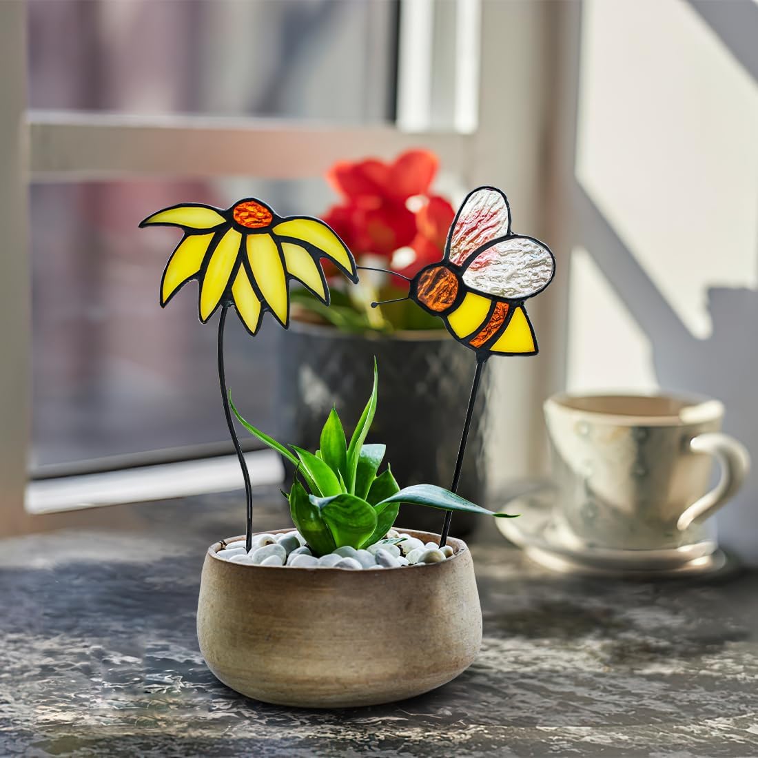 Sun Flower Decor Stained Glass Suncatcher,Bee Decor Stained Glass Plant Stake Insert in Pots Suncatcher,Vase Decor,Sun