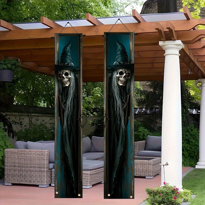12x71 inch Halloween Skeleton and Witch Skeleton Porch Banner Suitable for indoor/outdoor birthday party decoration, with a creepy bone like design and weather resistant fabric suitable for use on terraces and courtyards, creating a terrifying background