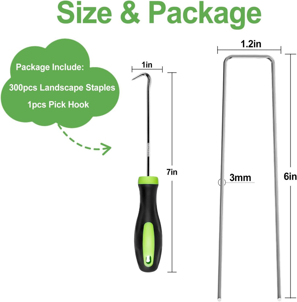 Landscape Staples 6 Inch 300Pcs Garden Stakes, Galvanized Lawn Pins Spray Coating Yard Ground Spikes, U-Type Staples