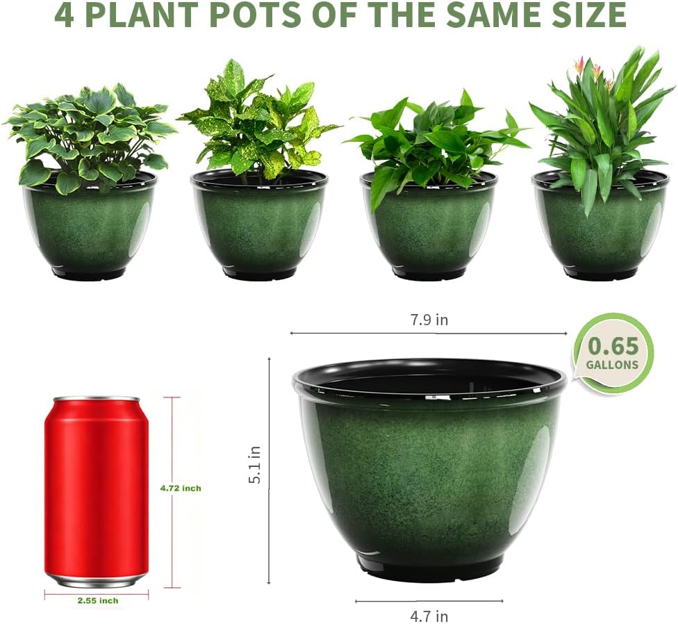8Inch Plastic Plant Pots,4Pack Glazed Flower Pots for Indoor Outdoor Plants | Modern Decorative Ceramic Look Planters