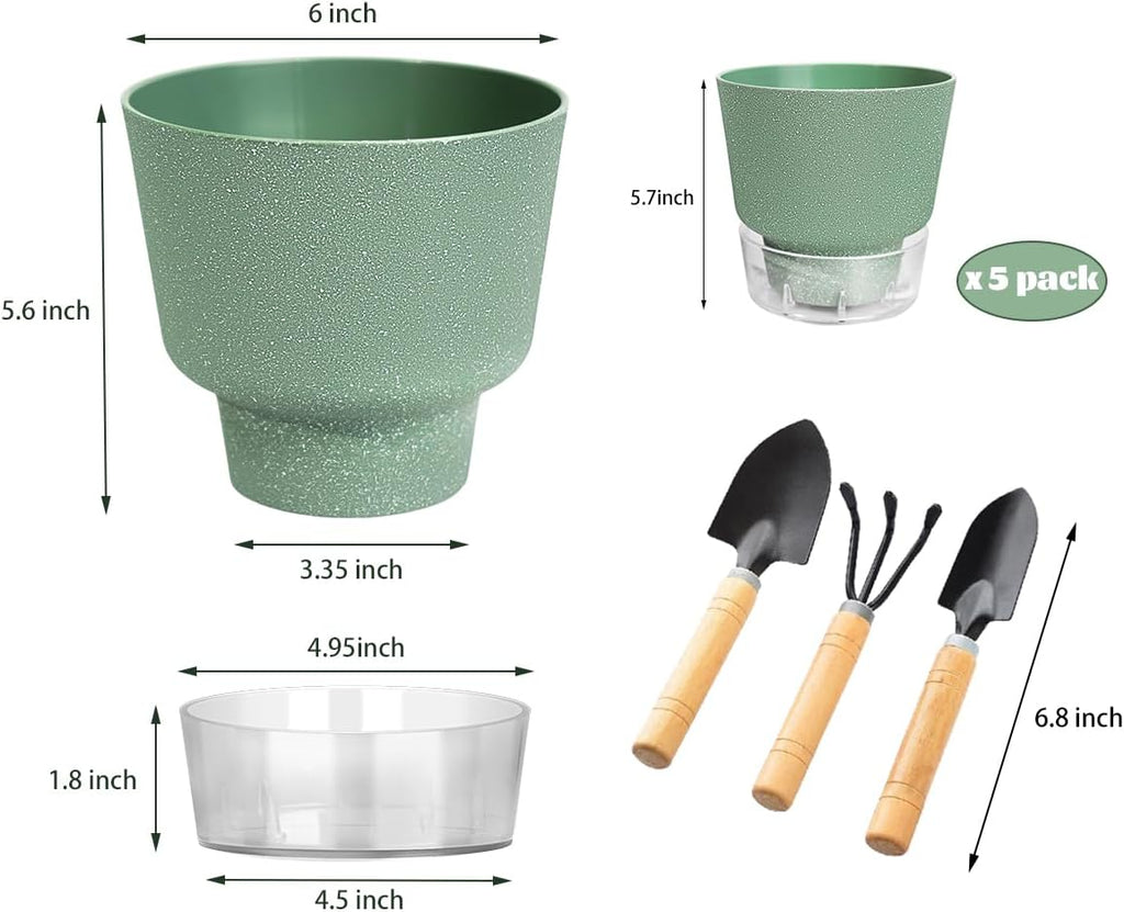 6-Inch Self-Watering Plant Pot with Visual Reservoir and Drainage Hole, Set of 5, Plastic Flower Pots, Planting Pot for