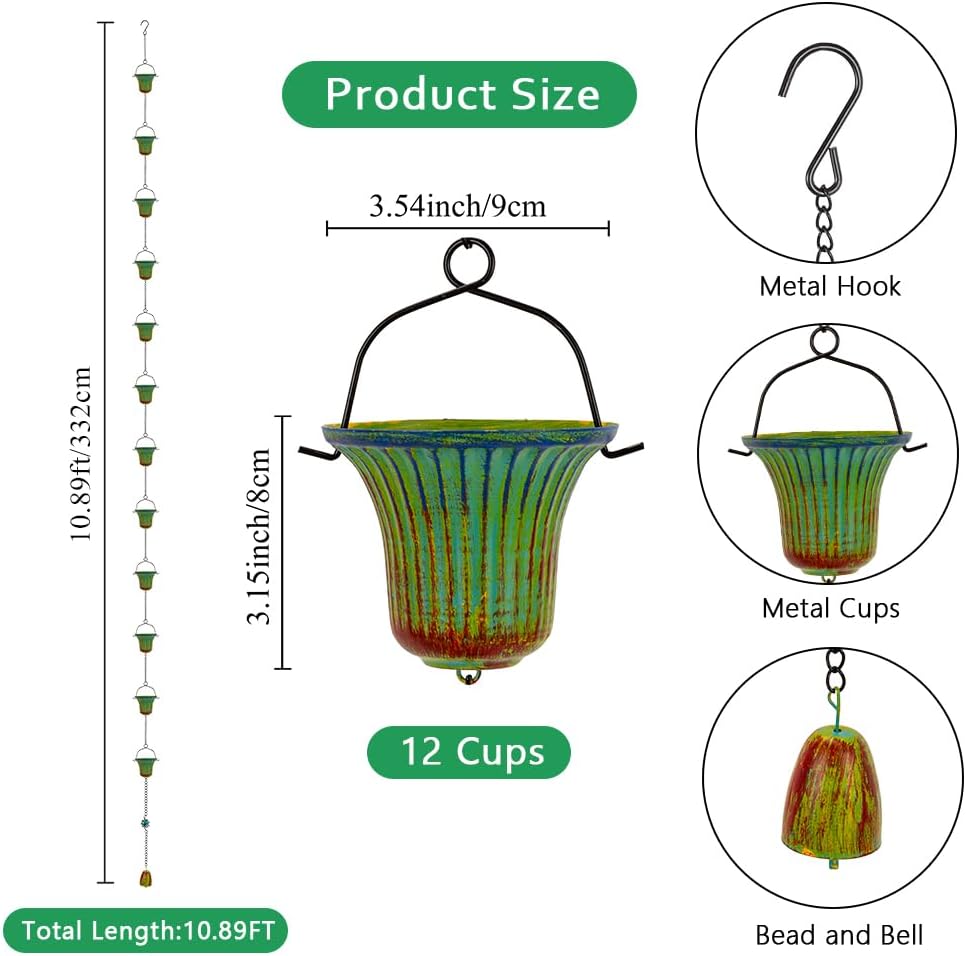 10ft Rain Chains for Outside Gutters, Eaves, Drainage | 12 Cups, Metal Rain Chain, Adjustable Length, Decorative