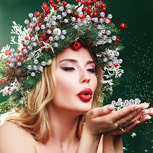 360 Pieces Artificial Holly Berries Christmas Winter Fake Berries Bunch Faux Cranberries Bunch on 60 Stems for Table Centerpiece(Silver)