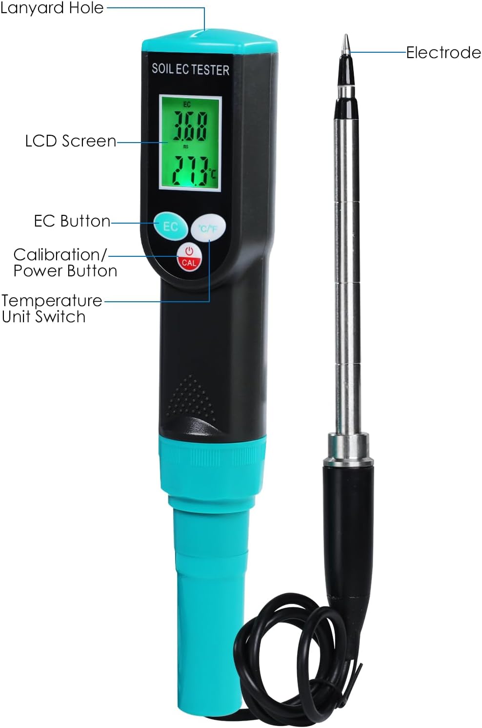 2 in 1 Digital Plants EC Meter Soil EC & Temperature Meter | Soil EC Meter with ATC, Corded EC Sensor Electrode