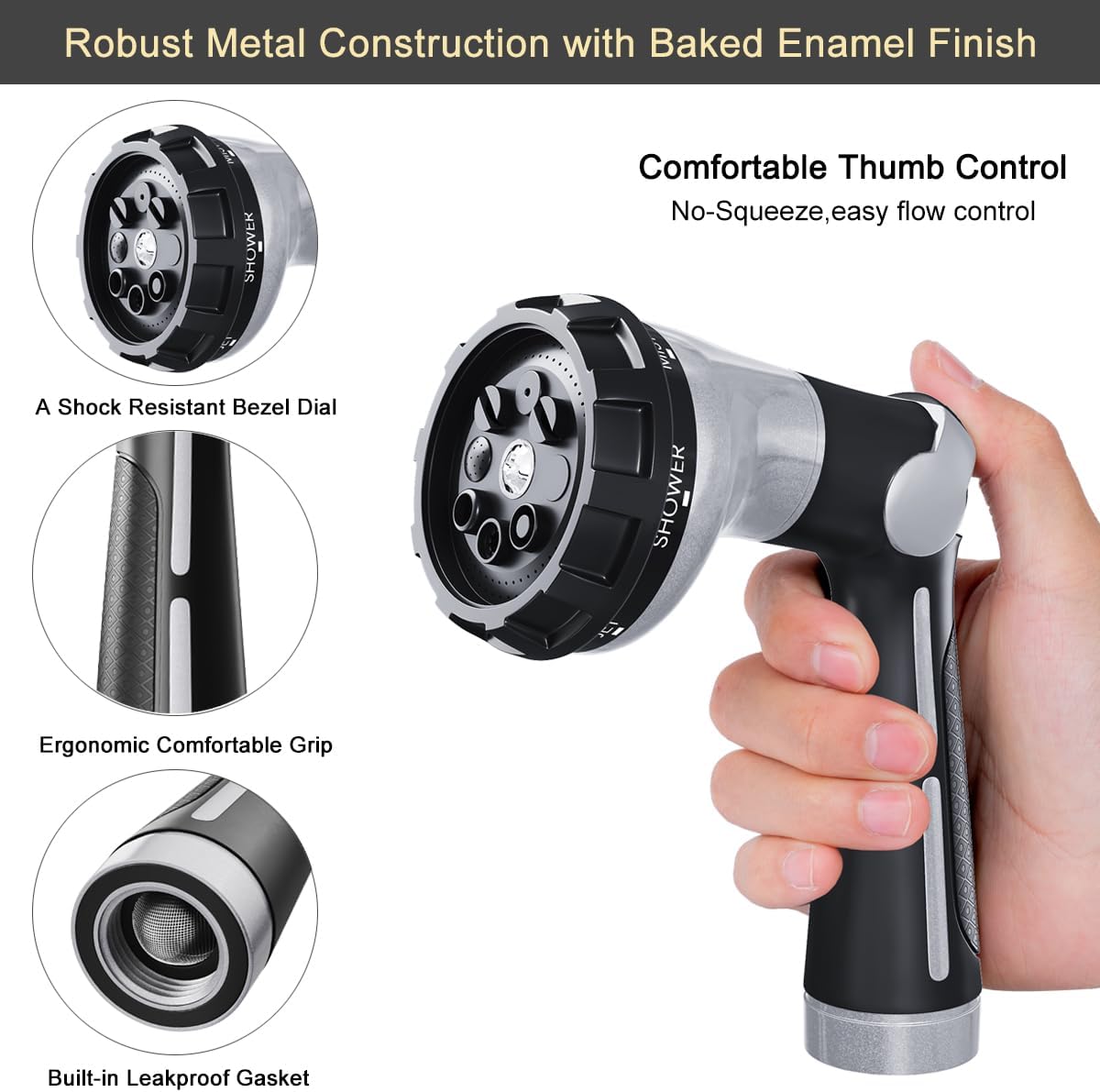 FANHAO Heavy Duty Garden Hose Nozzle, Metal Hose Sprayer Easy Thumb Control | 8 Spray Patterns, Rustproof Water Nozzle