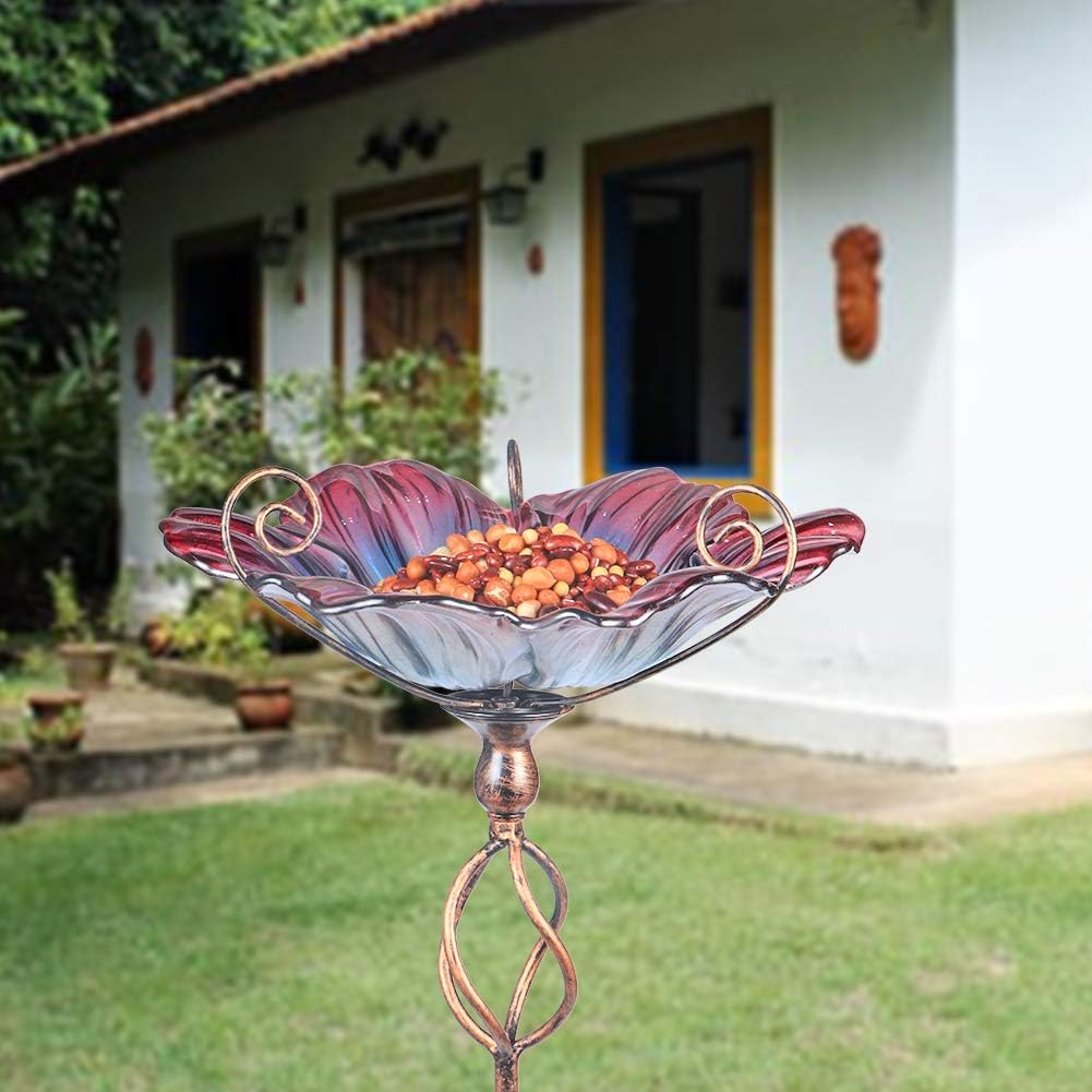 Glass Birdbath Birdfeeder with Metal Stake Garden Yard Outdoor | 31inch height stain glass bird bath for outside