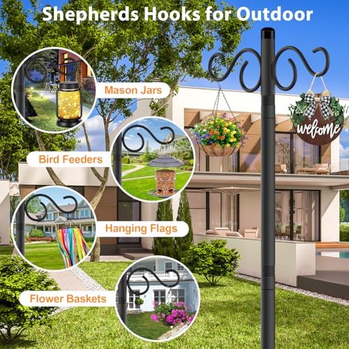 90 Inch 2 Pack Adjustable Shepherds Hooks for Outdoor with 5 Prong Base Heavy Duty Outdoor Garden Shepherds Hooks Hanger for Hanging Bird Feeder Flower Plant Baskets Solar Light Lantern Pole Stand