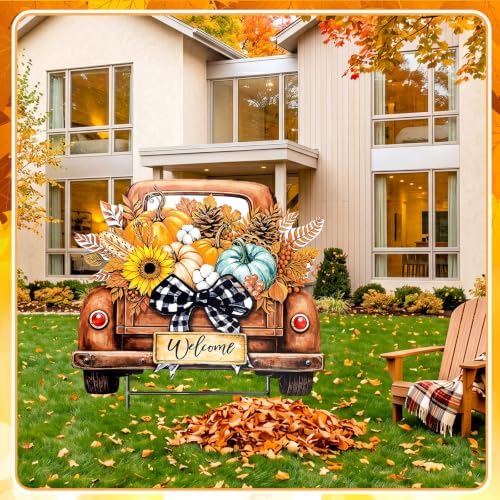 Weysat Fall Decor Outdoor Metal Pumpkin Truck Welcome Yard Sign with Bow