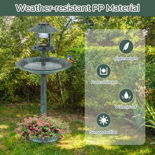 LDAILY Outdoor Bird Bath, 42’’ Solar Lighted Pedestal Birdbaths with Birds Feeder ,20’’ Water Bowl, Flower Planters and 3 Stakes, Attract Birds Antique Bird Bath for Outside Garden, Yard (Green, 42‘’)