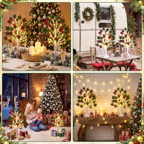 Realspring 2 Pcs LED Christmas Tabletop Trees with Cardinals 21 Inch Snow Pine with Red Cardinal Birds for Winter Holiday Desk Centerpiece Mantel Office Home Decor Indoor Decor Battery & USB Operated
