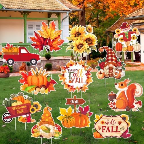 12 Pcs Fall Yard Signs with Stakes Outdoor Thanksgiving Decorations,Autumn