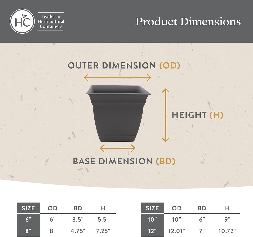 The HC Companies Eclipse Square Planter Pot, 12 Inch, Black, 2-Pack | Plastic, Attached Saucer, Drainage Holes
