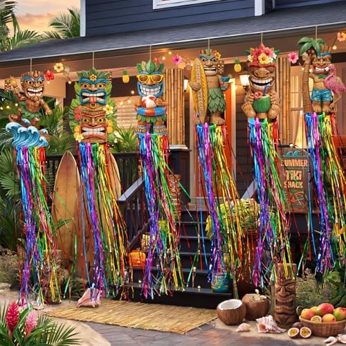 8 Pcs Tiki Party Decor Hawaiian Luau Party Decoration Tiki Totem Hanging Banner with Tassels for Aloha Hawaii Luau Tropical Birthday Partys Supplies 3.6 ft Outdoor Summer Beach Pool Decor