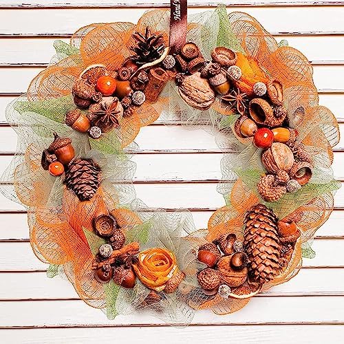 Thanksgiving Mesh Ribbon Deco Green Golden Orange Fall Deco Mesh Wire Ribbon Metallic Foil Rolls for DIY Auntumn Thanksgiving Wreaths Decorations Wrapping Craft, 4 Rolls(6 inch Wide)